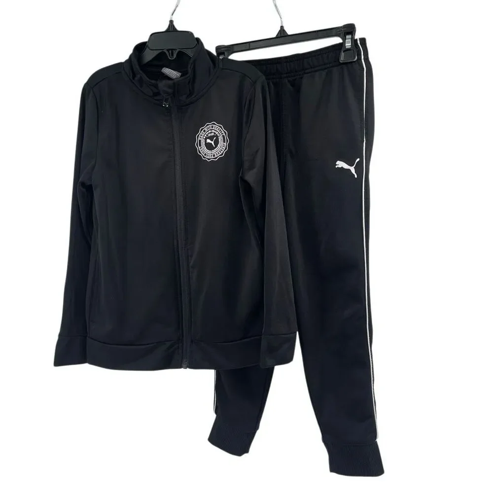 Puma Boys Size 7 Black Tracksuit 2-Piece Track Jacket Jogger Pants Athletic Set